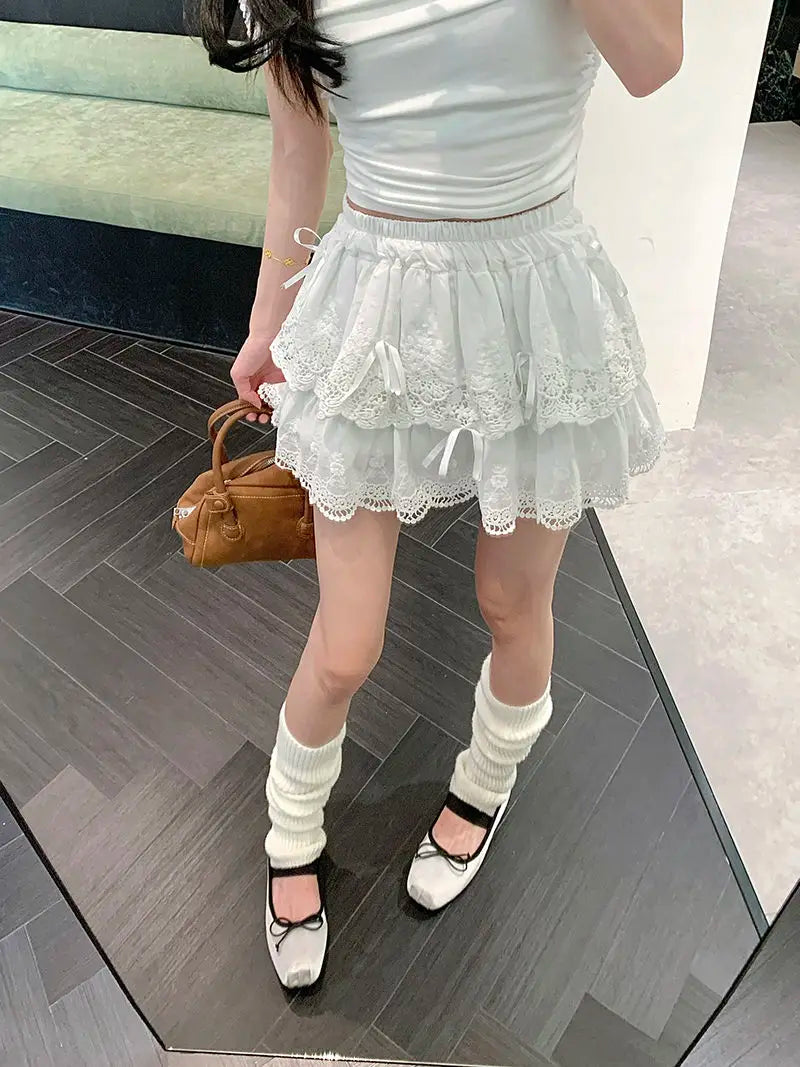 Deeptown Coquette White Lace Short Skirt Ruffle Women Sweet Bow Kawaii Mini Skirts Patchwork Layered A-line Aesthetics Skirt - reetell