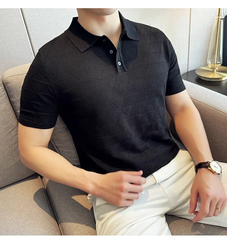 High-quality Men's Jacquard Polo Shirt, Business Casual Men's Solid Color Short-sleeved Top,  Geometric Pattern Men's T-shirt.