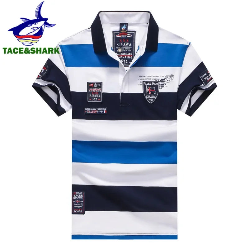 TACE&SHARK 2018 New style Fashion Summeer Men Wide stripe polos homme Casual embroidery Short sleeve polo shirt male para hombre