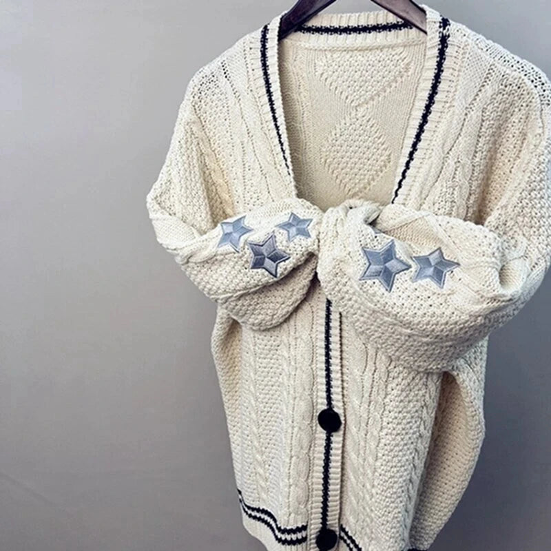 Chic Vintage Star Print Knitted Cardigan Preppy Cute Button Up V Neck Long Sleeve Coat Autumn Y2K Aesthetics Retro Sweater - reetell