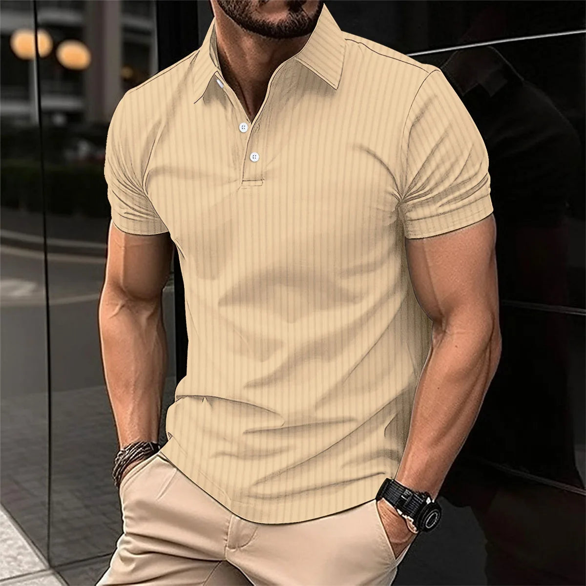 Summer men's polo shirt solid color button short sleeve striped lapel T-shirt casual breathable top men's wear Color Black S-3XL