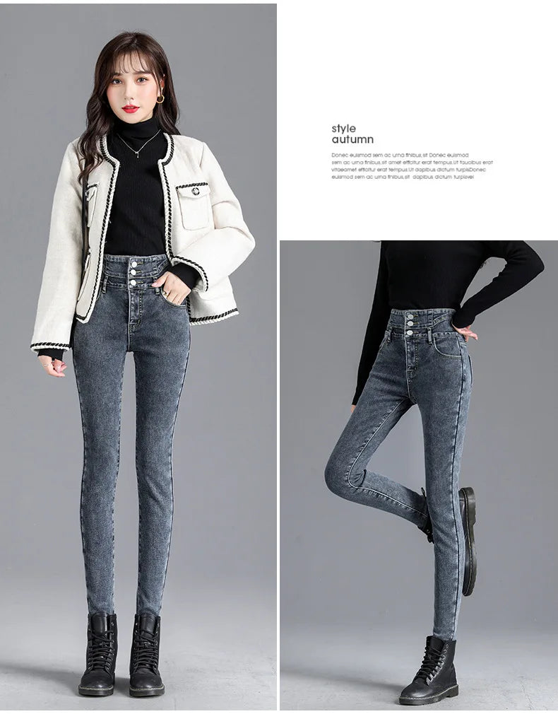 Thermal Winter Thick Fleece High-waist Warm Skinny Jeans Thick Women Stretch Button Pencil Pants Mom Casual Velvet Jeans - reetell