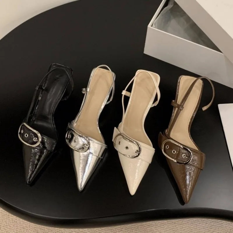 Punk Goth Metal Buckle High Heels Sandals Women 2024 Summer Pointed Toe Silver Party Shoes Woman Korean Style Thin Heels Sandals