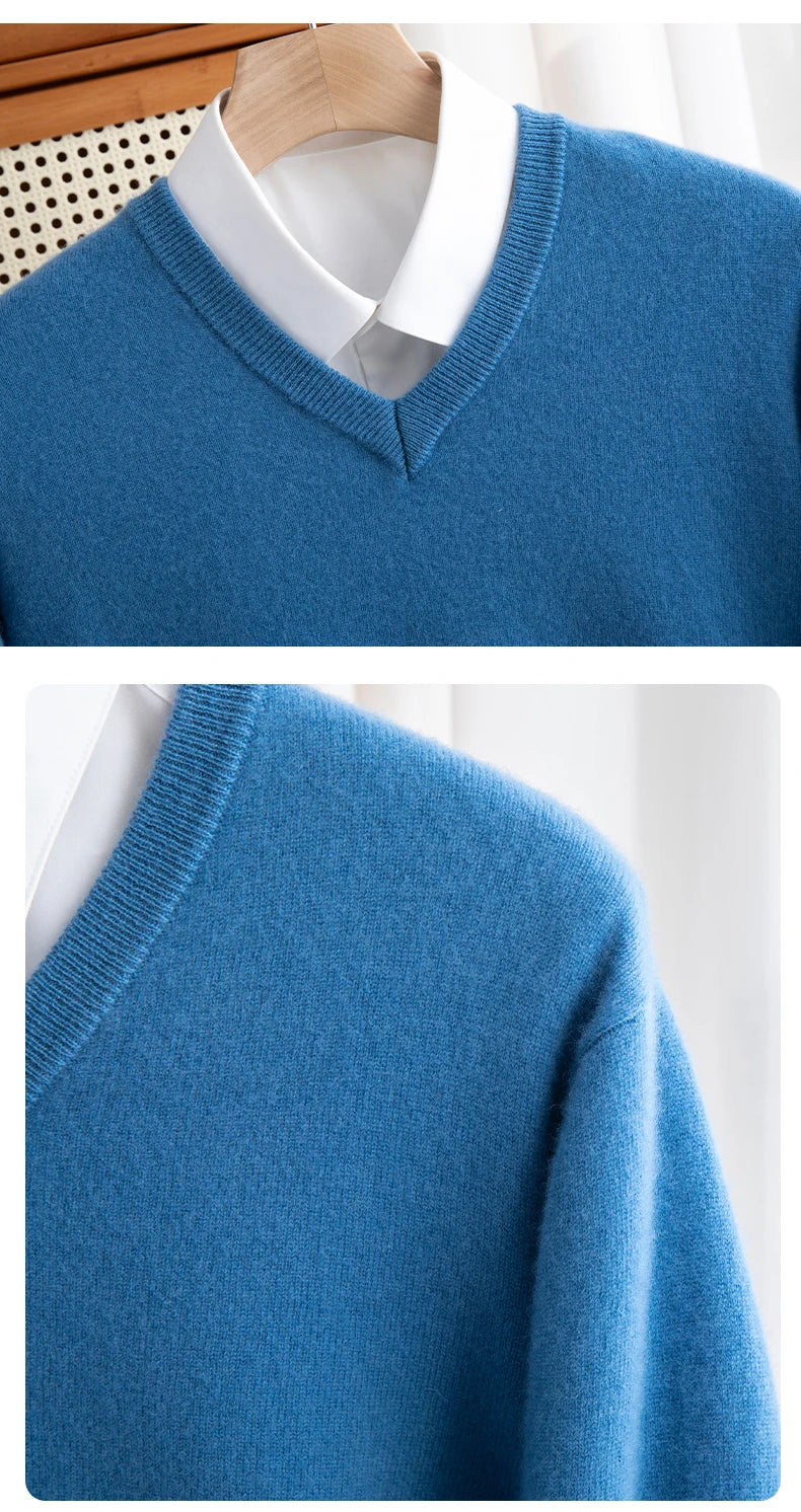 Men 100% Merino Wool Sweater V-Neck Pullover Autumn Winter Cashmere Warm Solid Knitwear Clothes Business Bottoming Soft Tops - reetell