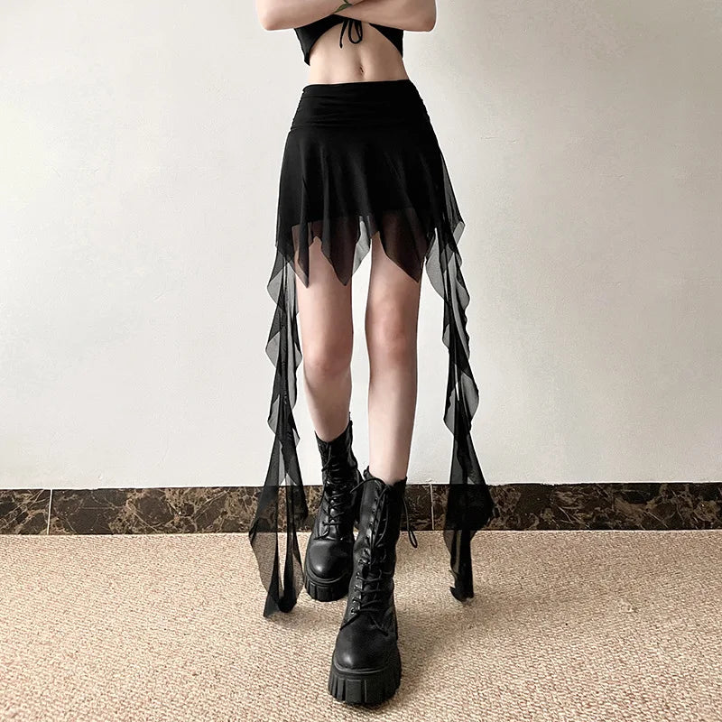 Goth Dark 2000S Aesthetic Irregular Hem Short Skirt Gothic Fashion High Waist Slim A-Line Skirts E-girl Streetwear Mesh Bottoms - reetell