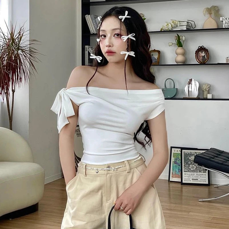 CUTENOVA 2024 Women'S Summer Ins Style New Shrink Pleated One-Shoulder Crop Top Backless Twist Tie Asymmetric T-Shirt Casual Top - reetell