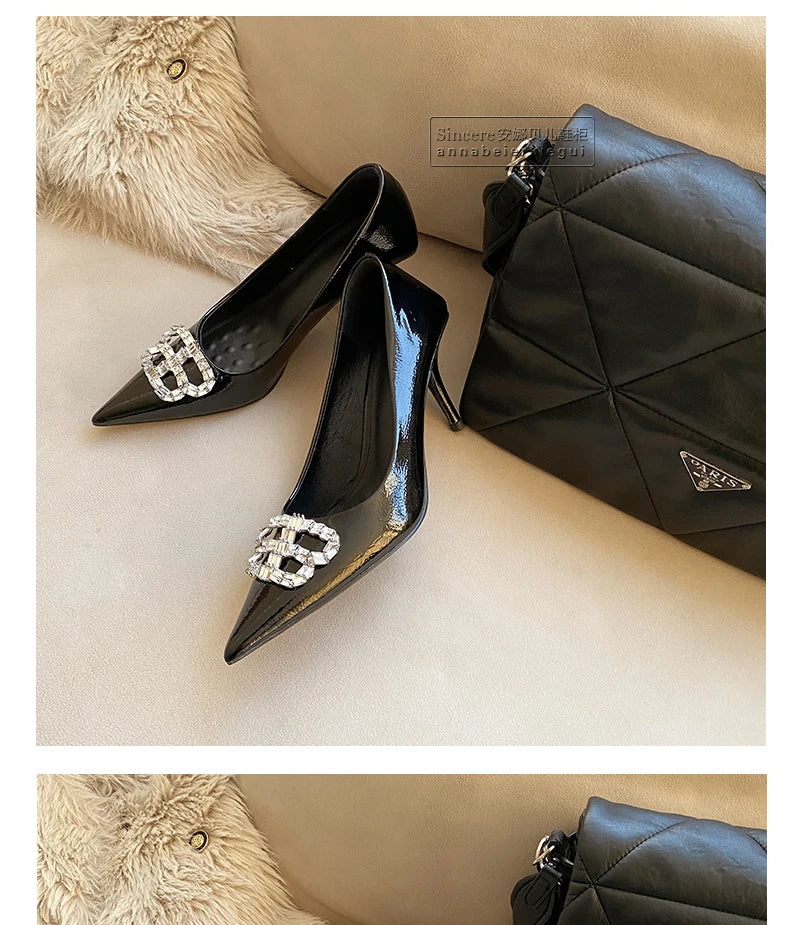 2024 New Pointed Black High Heels, Women's Thin Heels, Water Diamonds, One Line with Baotou Sandals and Button Single Shoes - reetell