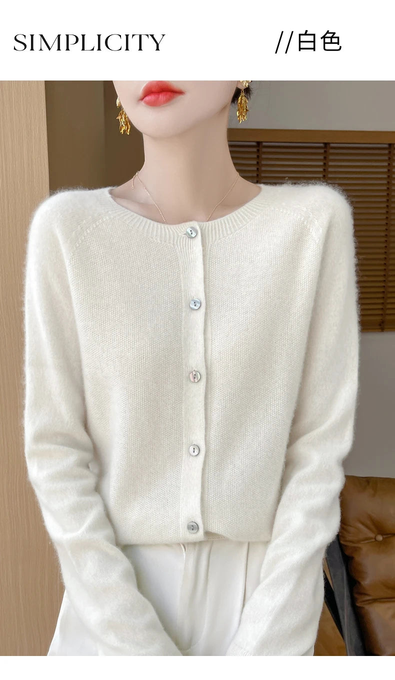 100% Merino Wool Long Sleeve Sweaters Cashmere Cardigan Spring Autumn Women O-Neck Knitwear Tops Clothing Fashion Basic Tops - reetell