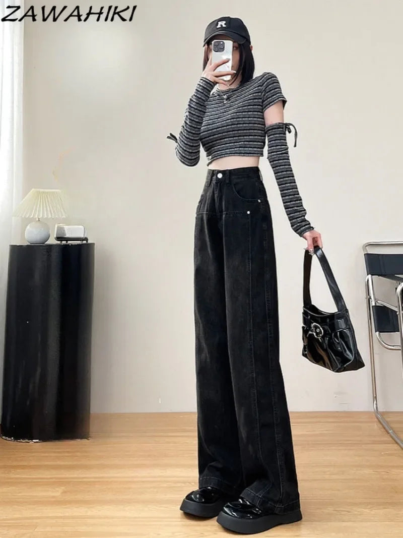 Spring Autumn Black Straight Solid Color Casual Loose Baggy Jeans Women High Waist Wide Leg Y2K Aesthetic Denim Pants Streetwear - reetell