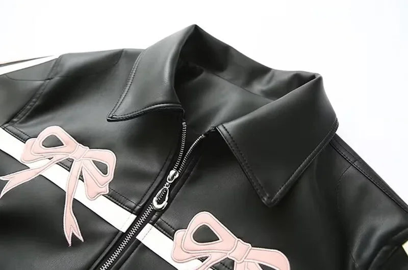 Women's Winter Jacket Women Vintage Faux Leather Coat Fashion Pu Lapel Collar Bow Zipper Overcoat Female Casual Tops Clothing