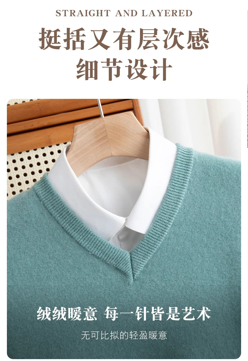 Men 100% Merino Wool Sweater V-Neck Pullover Autumn Winter Cashmere Warm Solid Knitwear Clothes Business Bottoming Soft Tops - reetell