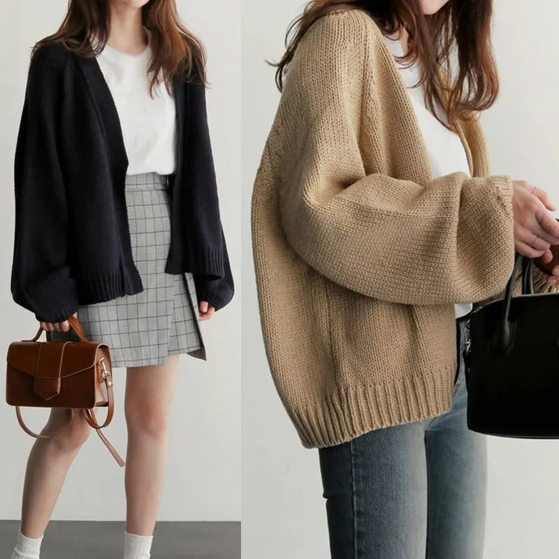 Autumn Winter Loose Women's Cardigan Jacket Solid Color Korean Version Fashion Casual Short Style Knitted Long-Sleeved Cardigan - reetell