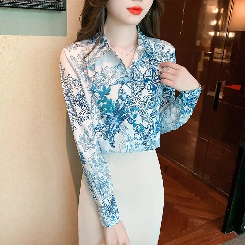 Spring Autumn Turn-down Collar Geometric Printing Cardigan Button Lantern Long Sleeve Women'sClothing Trendy All-match Tops - reetell