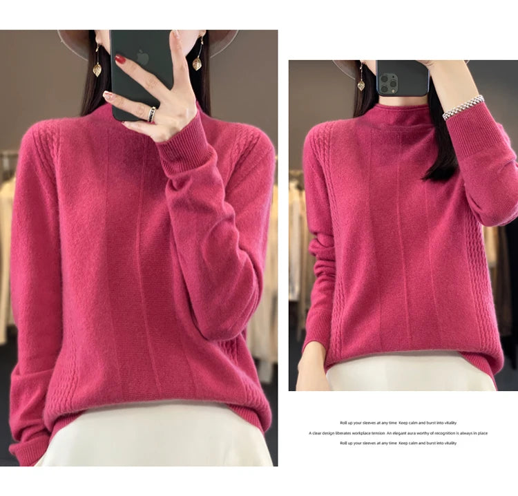 2024 Autumn Winter Women 100% Merino Wool Sweater Striped O-Neck Pullover Knitwear Casual Undershirt Cashmere Clothing Tops - reetell