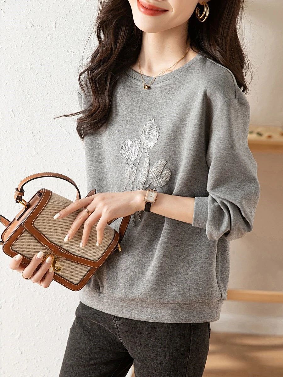 Women's Stereoscopic Flowers Hooded Sweatshirt Casual Round Neck Top Gray Clothes Simple Fashion Autumn - reetell