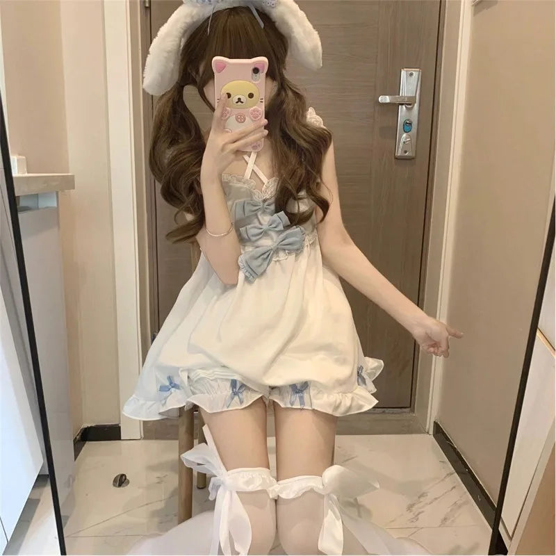 Japanese Soft Girl Strappy Bow Sling Top Shorts Two Piece Set Cotton Pajamas Women's Lolita Sleepwear 2024 New Summer