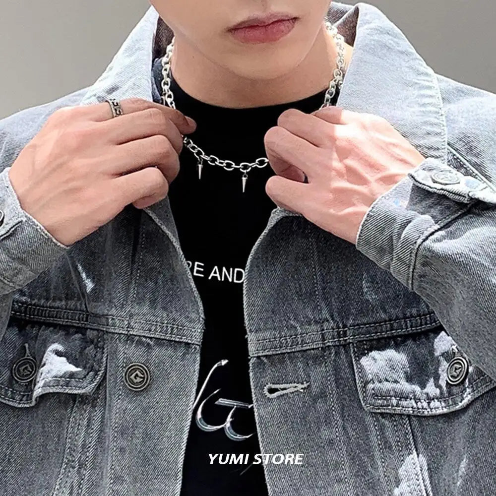 Hip Hop Rivet Necklace For Man Woman Titanium Steel Cone Pendant Sweater Chain Choker Jewelry Punk Male Cool Accessories