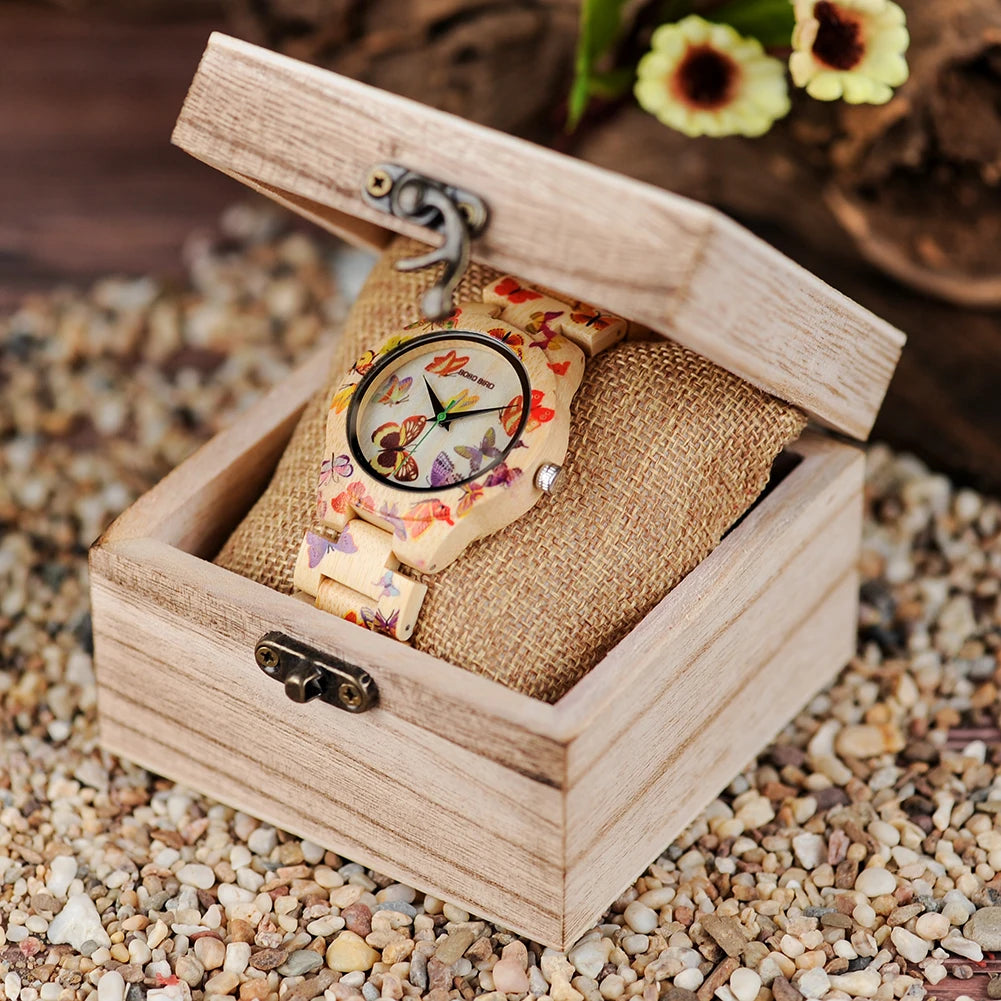 BOBO BIRD Wood Women Watches Luxury Engraved Handmade Ladies Quartz Wristwatch Wooden Pattern Printed Floral Casual Watch