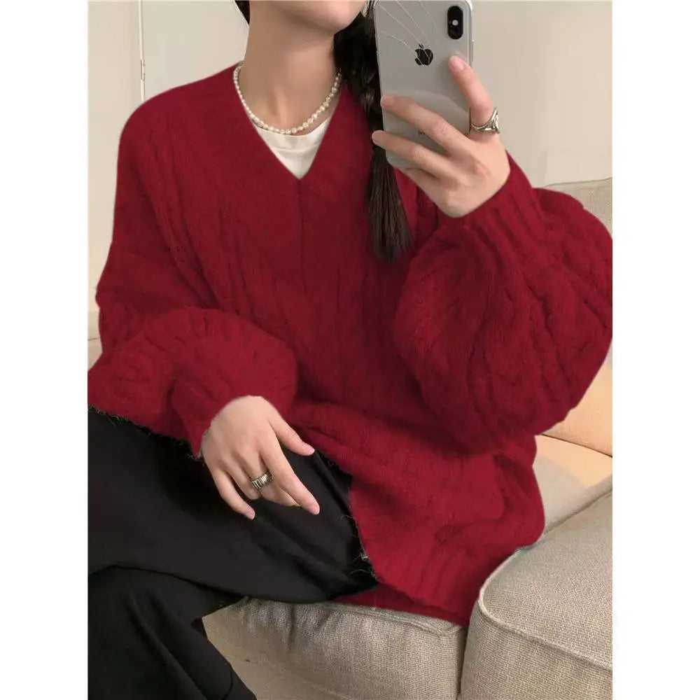 Women's Autumn and Winter Fashion Loose Outer Wear Lazy Style Niche Warm Knit Sweater Top - reetell