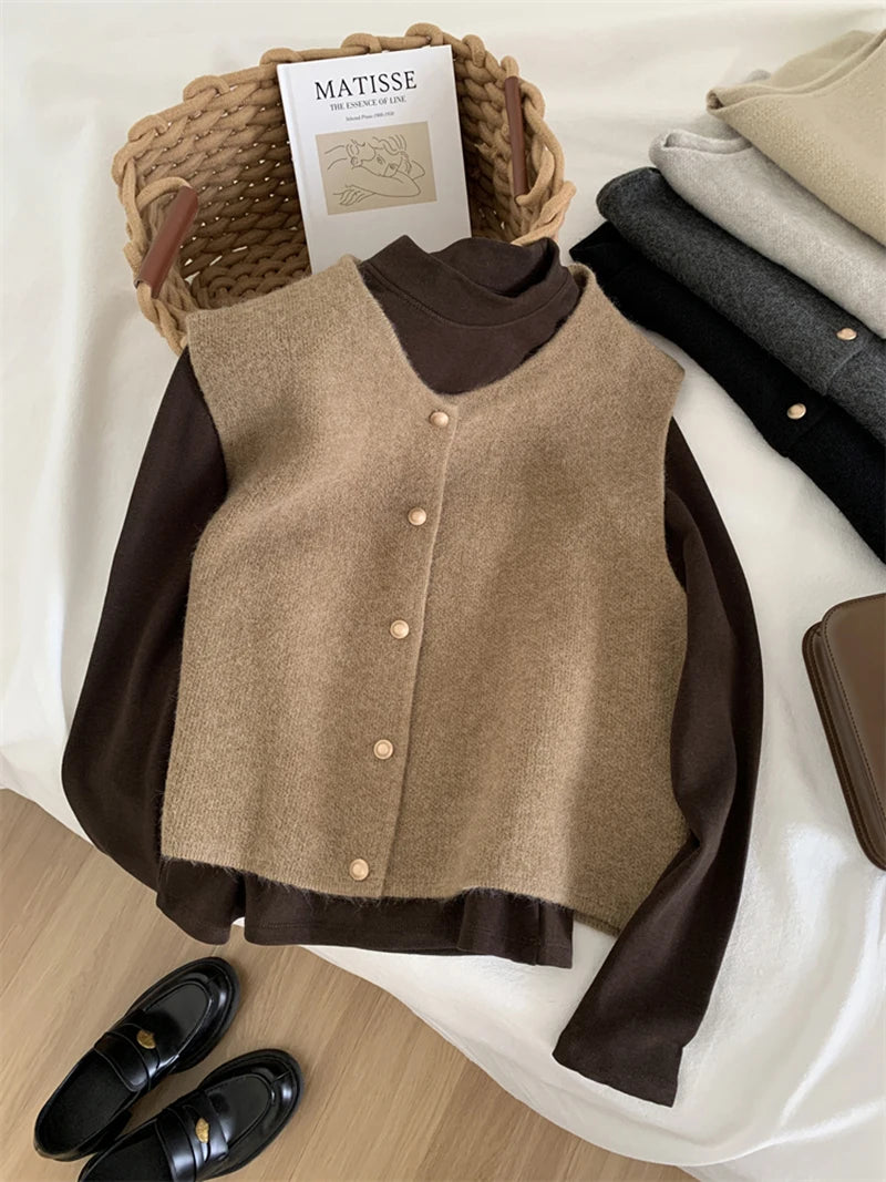 Autumn New Women Cardigan Korean Elegant Knitted Sleeveless Female Casual Sweater Tanks Fashion New Slim Ladies Casual Tops - reetell