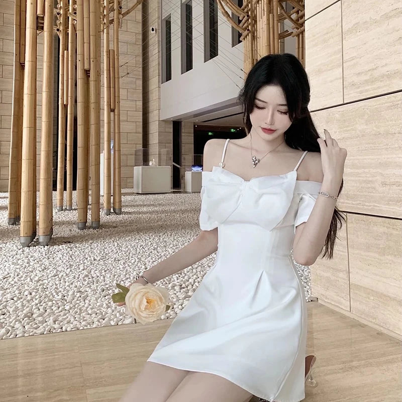 Zoki Bow Sexy Slash Neck Dress Women Summer Korean Elegant White Mini Dress Fashion All Match Party Night Camis Vestidos - reetell