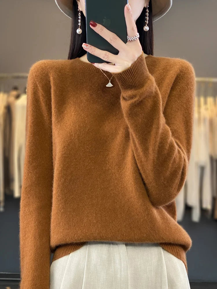 100% Merino Wool Sweater Women  Cashmere Pullover Knitwear Autumn Winter O-neck Solid Color Fashion Basic Female Clothes Tops - reetell