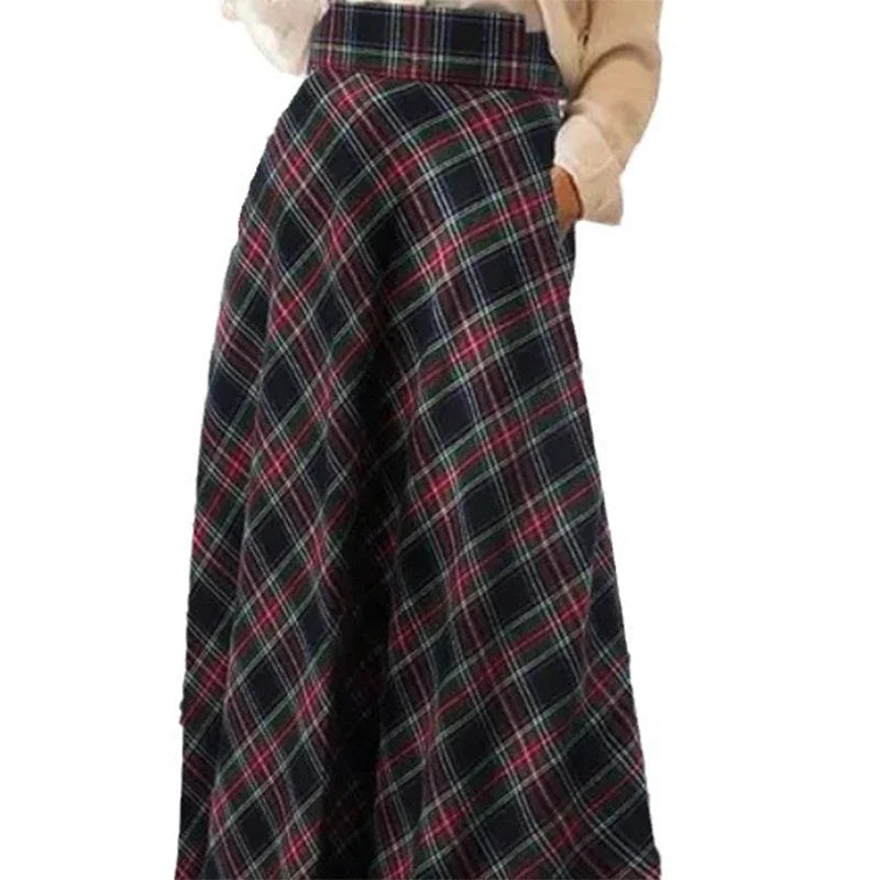 Autumn Winter Women Skirt Korean Style Retro Plaid A-line Skirt Fashion Loose High Waist Stretch Party Long Skirt S-5XL(UK 8-24) - reetell