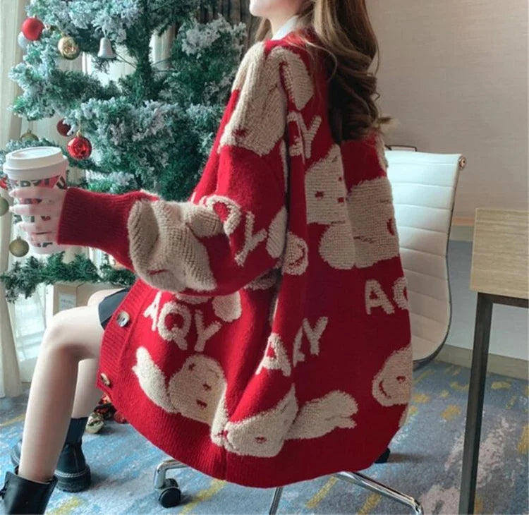 EVNISI Women Red Knitted Warm Sweater Bear Floral Printed Sweater Coat Single-breasted Cardigan Coat Women 2024 Autumn Winter - reetell