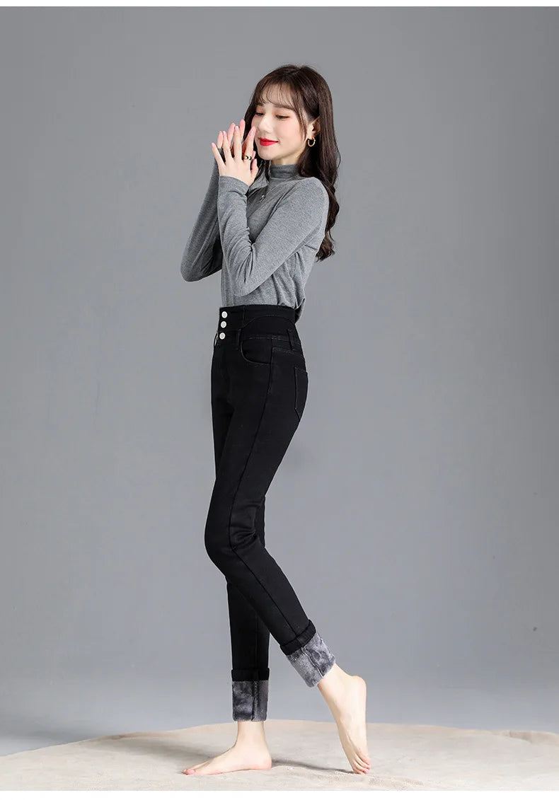 Thermal Winter Thick Fleece High-waist Warm Skinny Jeans Thick Women Stretch Button Pencil Pants Mom Casual Velvet Jeans - reetell