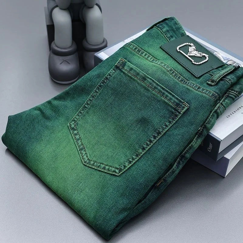 2024 Spring and Autumn New Fashion Trend Straight Leg Stretch Green Jeans Men's Casual Comfort Breathable High Quality Pants - reetell