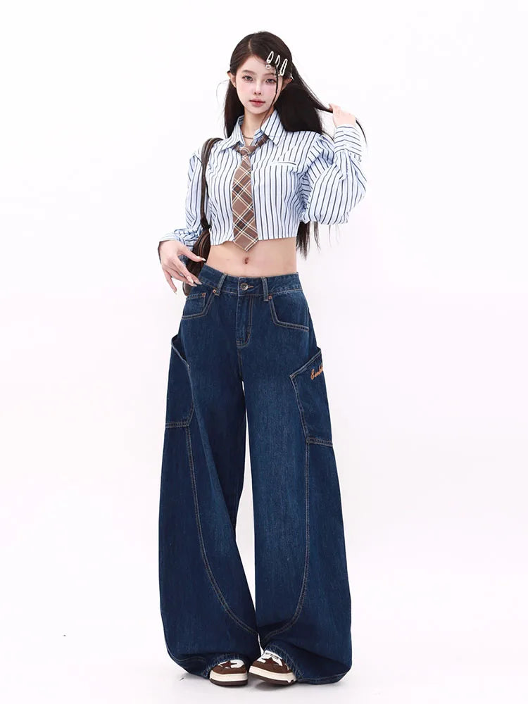 WCFCX STUDIO Women's Wide Leg Jeans American Vintage Street Style High Waisted Casual Trousers Design Sense Niche Baggy Pants - reetell