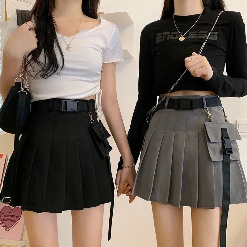 Zoki Harajuku Belt Pleated Cargo Skirt Women Fashion Gothic High Waist Pocket Mini Skirts Fashion Summer Lady A Line Black Skirt - reetell