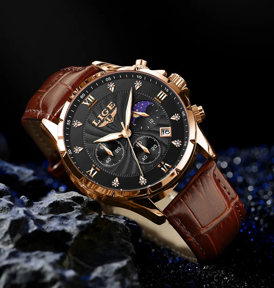 LIGE Mens Watches Casual Business Watch Men Luxury Waterproof Date Luminous Chronograph Wristwatch Quartz Watch Leather Clock