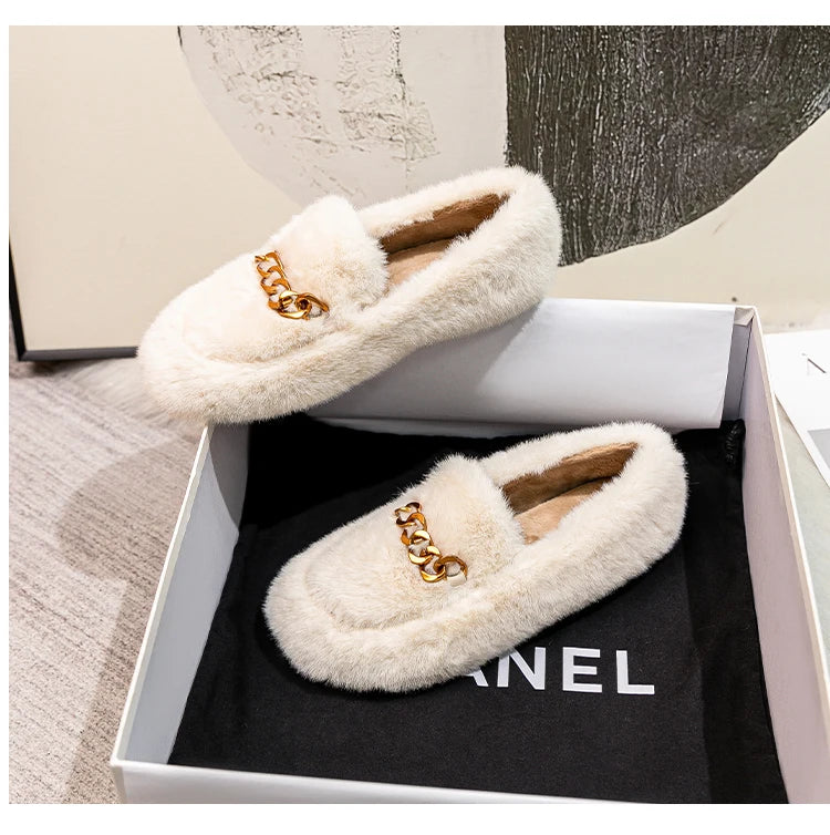 2023 winter women's outdoor plush warm shoes british style metal chain decoration snow boots boat shoes Ladies' casual flats - reetell