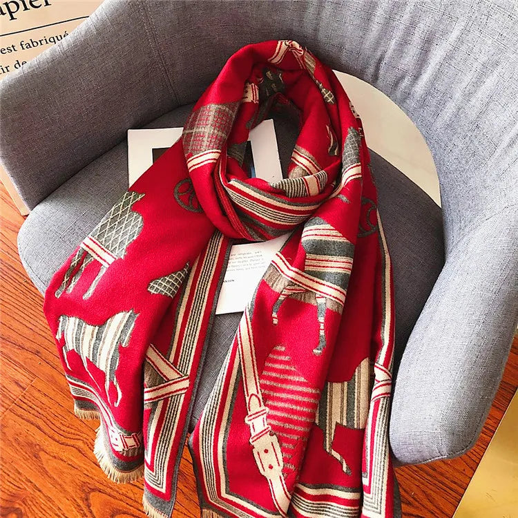 Women's Autumn Winter Horse Pattern Scarf New Luxury Cashmere Feeling Large Blanket Wrap Soft Warm Brand Shawl Retro & Classical - reetell