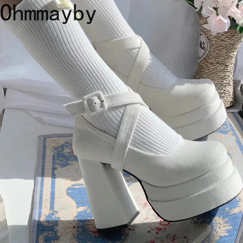 Designer Platform Women Mary Jane Shoes Fashion Elegant Cross Strap Thick Heel Shoes Ladies College Style Dress Pumps Shoes