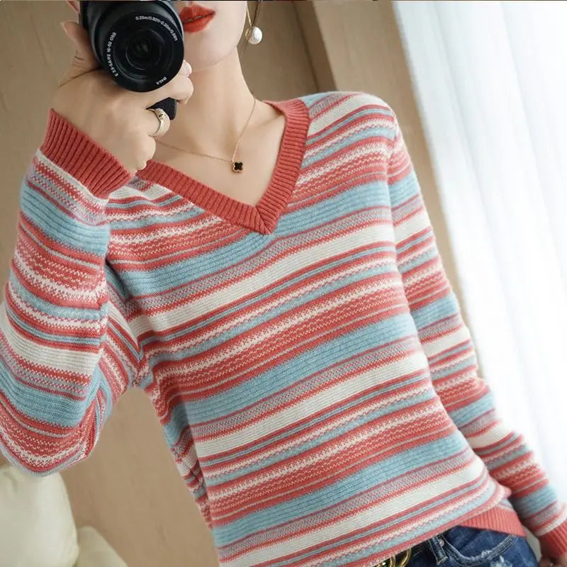 Autumn Winter Elegant Fashion Rainbow Knitting Tops Women All Match Casual Knitwear Long Sleeve Stripe Sweaters Thick Pullover - reetell