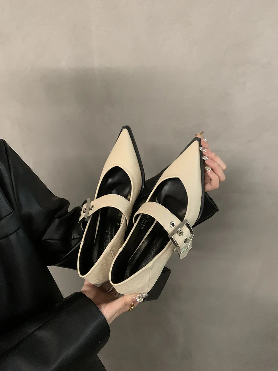 Retro Pointed Mary Jane Small Leather Shoes for Women 2024 Autumn and Winter New Korean Version of Chunky Heel Loafers