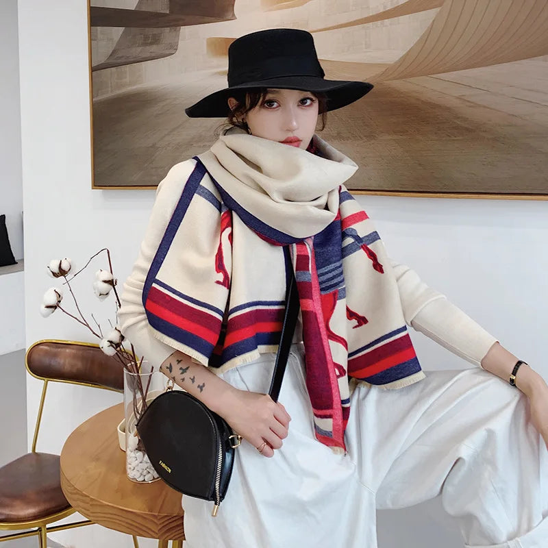 Women's Autumn Winter Horse Pattern Scarf New Luxury Cashmere Feeling Large Blanket Wrap Soft Warm Brand Shawl Retro & Classical - reetell