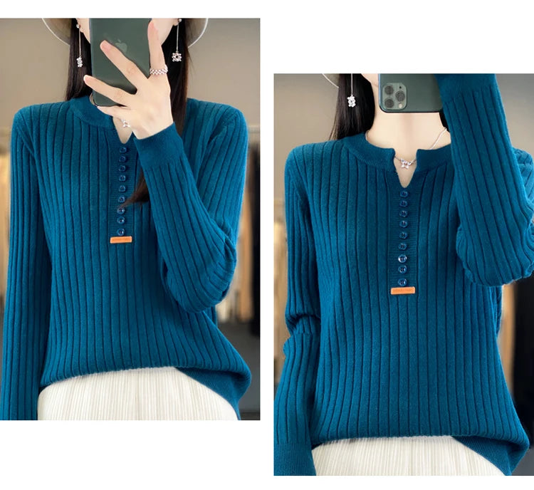 Women's Sweater Autumn/Winter New Solid Color Knitwear V-Neck Pullover Ladies Clothes Fashion Blouse Korean Style Loose Tops - reetell