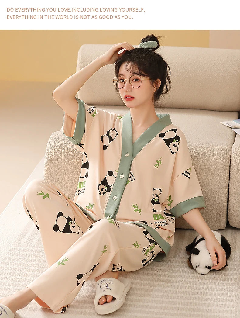 Women Clothing M-5XL Summer Cotton Panda Pajama Casual Short Sleeve Kimono Cardigan Sleepwear Cartoon Nightwear Woman Loungewear