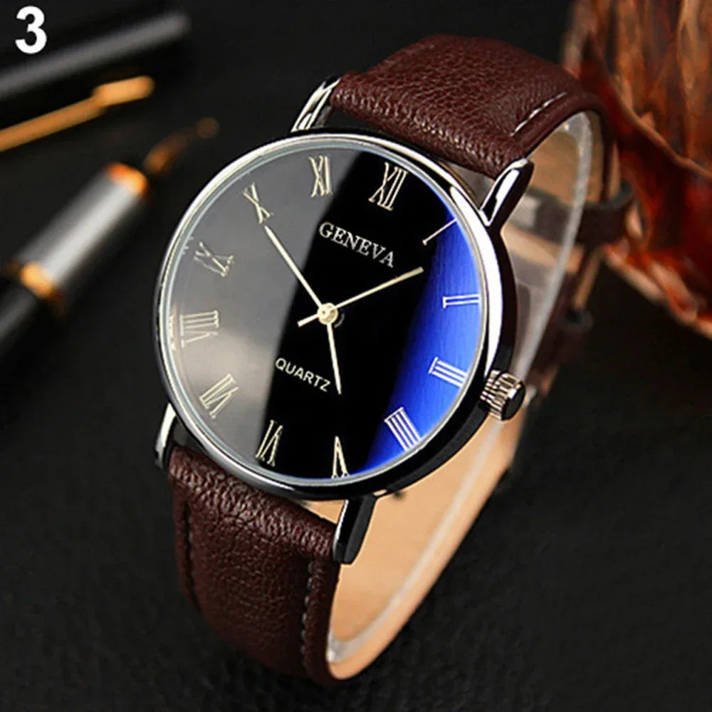 Classic Vintage Geneva Watch for Men, Analog Business Quartz Wristwatch, Roman Numerals, Blu-Ray, Faux Leather Band