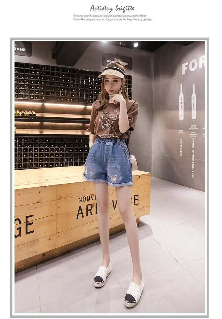 Large Size Broken Hole Cowboy Shorts Women Thin Section Wide Loose Tight High Waist Skinny A Word Wide Leg Fattening Hollowing - reetell