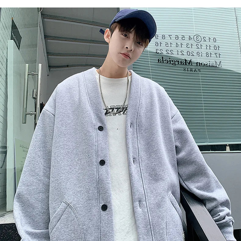 2023 Korean Sweatshirts Men Fashion Solid Color Style Hoodies Autumn Brand Casual Loose Coat Street Thick Warm Male Cardigans - reetell