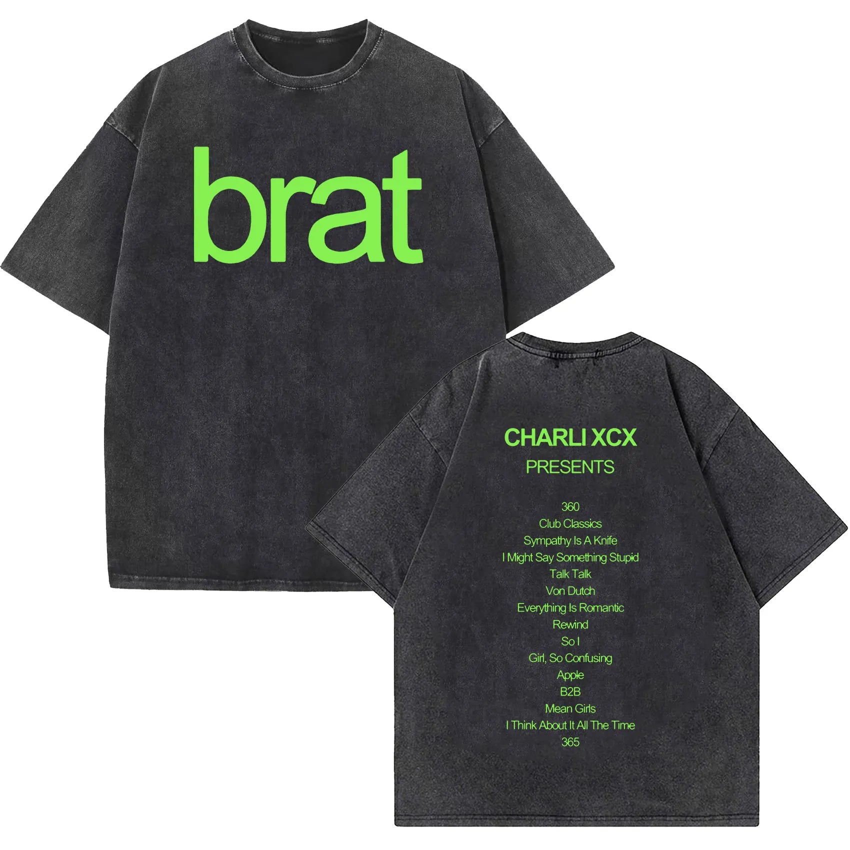 Charli Xcx Brat 2024 Tour Album Letter Print T Shirts Men Hip Hop High Quality Vintage Washed Fashion T-shirt Unisex Streetwear