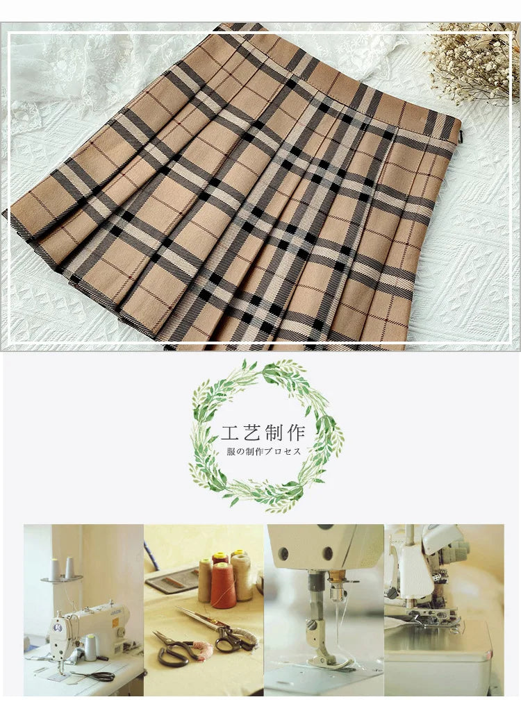 Contrast Color Plaid Striped Skirt Korean Version of Pleated Skirt Autumn High Waist A Line Plaid Mini Skirt Student Style Sweet - reetell