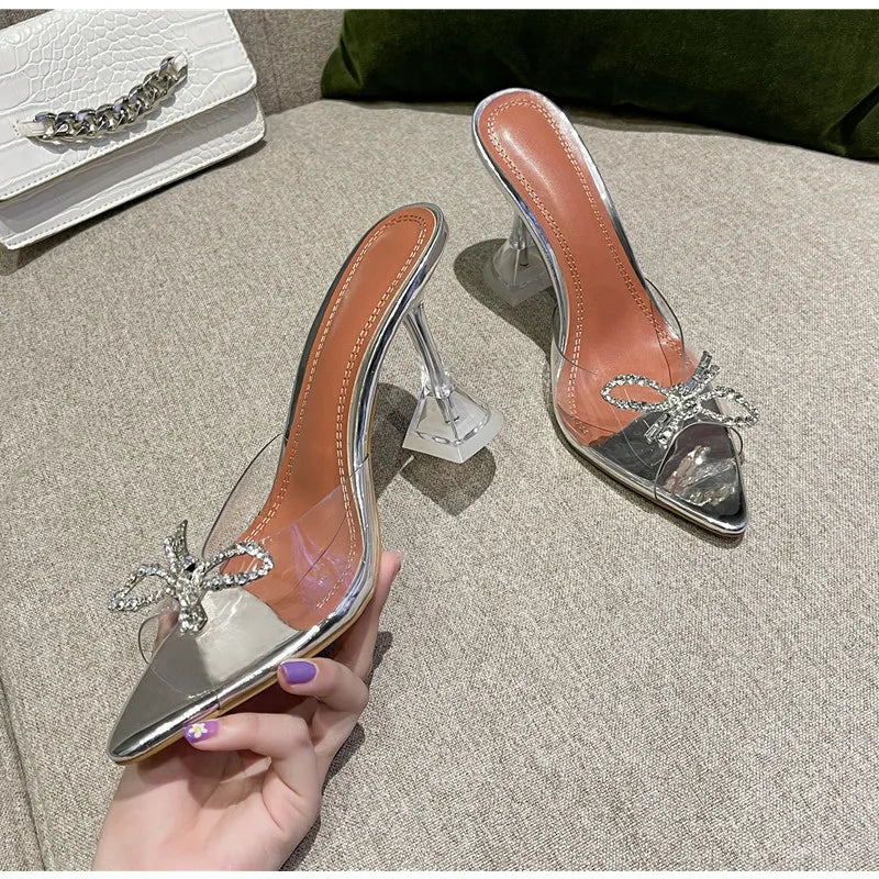 Big size 35-45 Rhinestones Bowknot Transparent PVC Women Slippers Elegant High heels Summer Shoes Sandals Fashion  Mules Slides