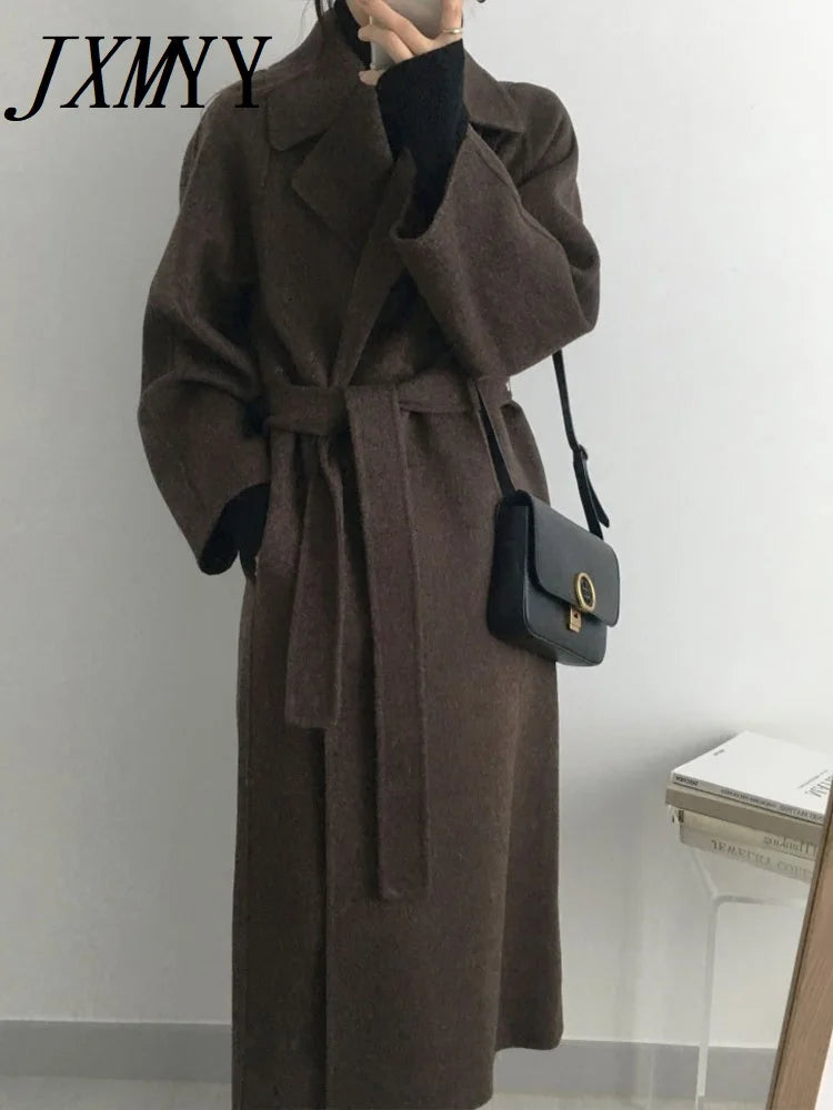 JXMYY French Lazy Style Warm Female Fresh Winter 2024 Classical Belt Retro Loose Women Woolen Coats Chic Casual Long Coat Long - reetell