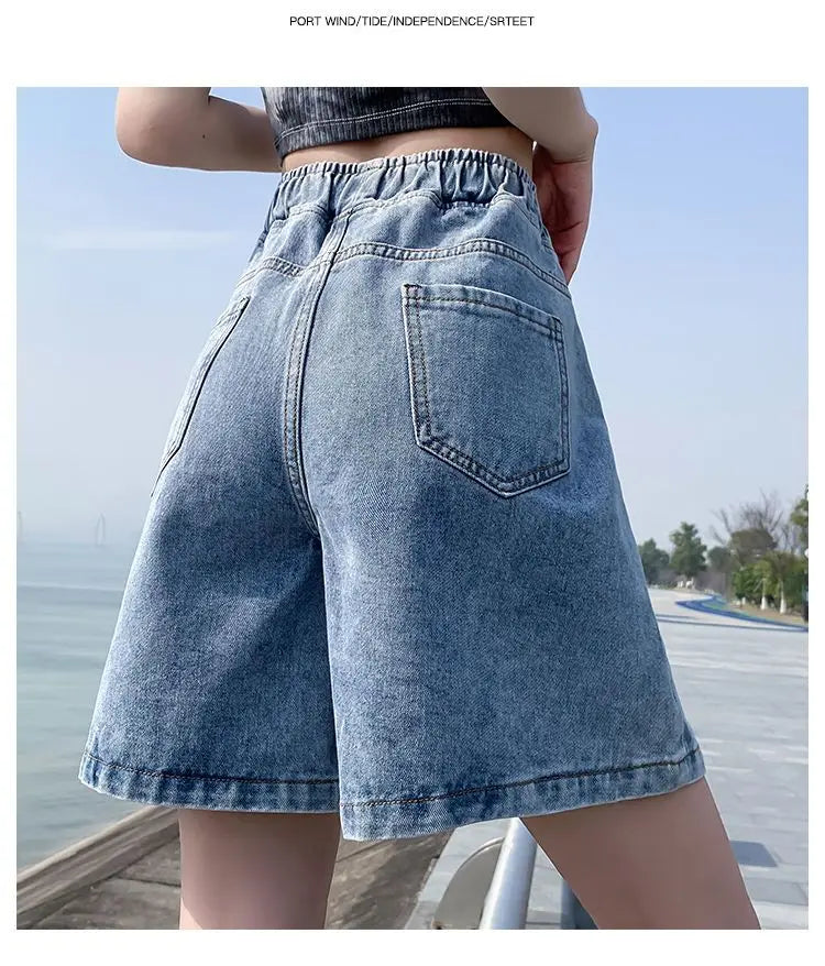 Big Size Denim Shorts Quarter Trousers A Wide Leg Loose High Waist Skinny Students Fattening Women Pocket Splicing Stripe - reetell