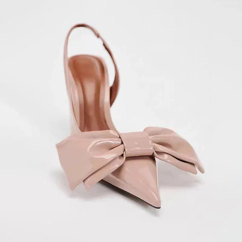 Bowknot High Heels Women Party Prom Shoes Patent Leather Stilettos Pointed Toe Summer Slingbacks Classic Design Ladies Sandals